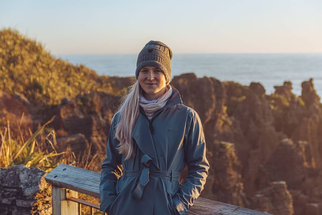 Instagram photo of Claudia at Punakaiki Pancake Rocks at sunset